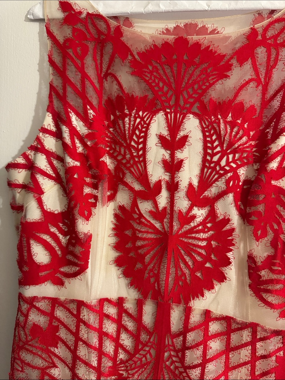 Anthropologie Red Lace Overlay Midi Dress on Cream Base - Picture 2 of 4